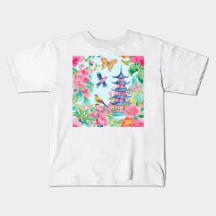 Chinoiserie birds, flowers and butterflies watercolor painting Kids T-Shirt